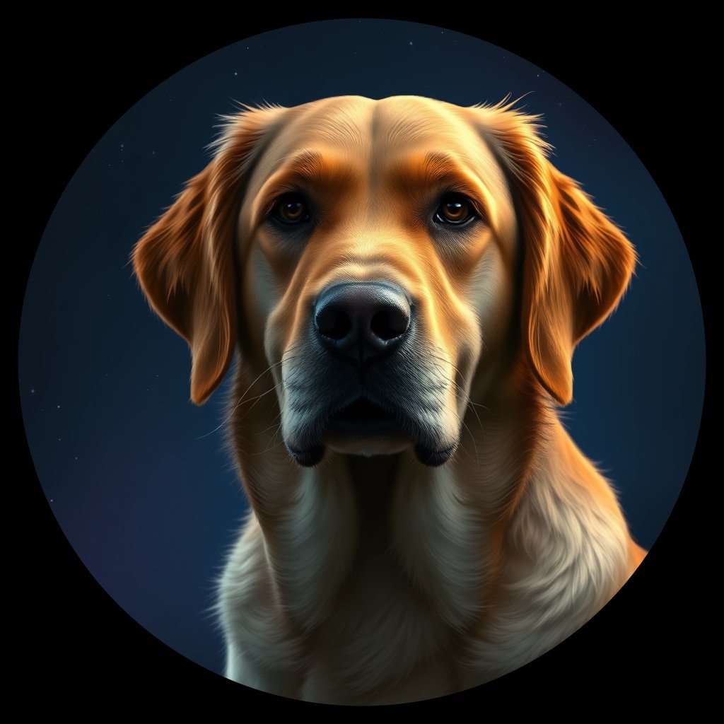 Cosmic medallion portrait of GRLS_grlsWWV4VKLL, a Golden Retriever