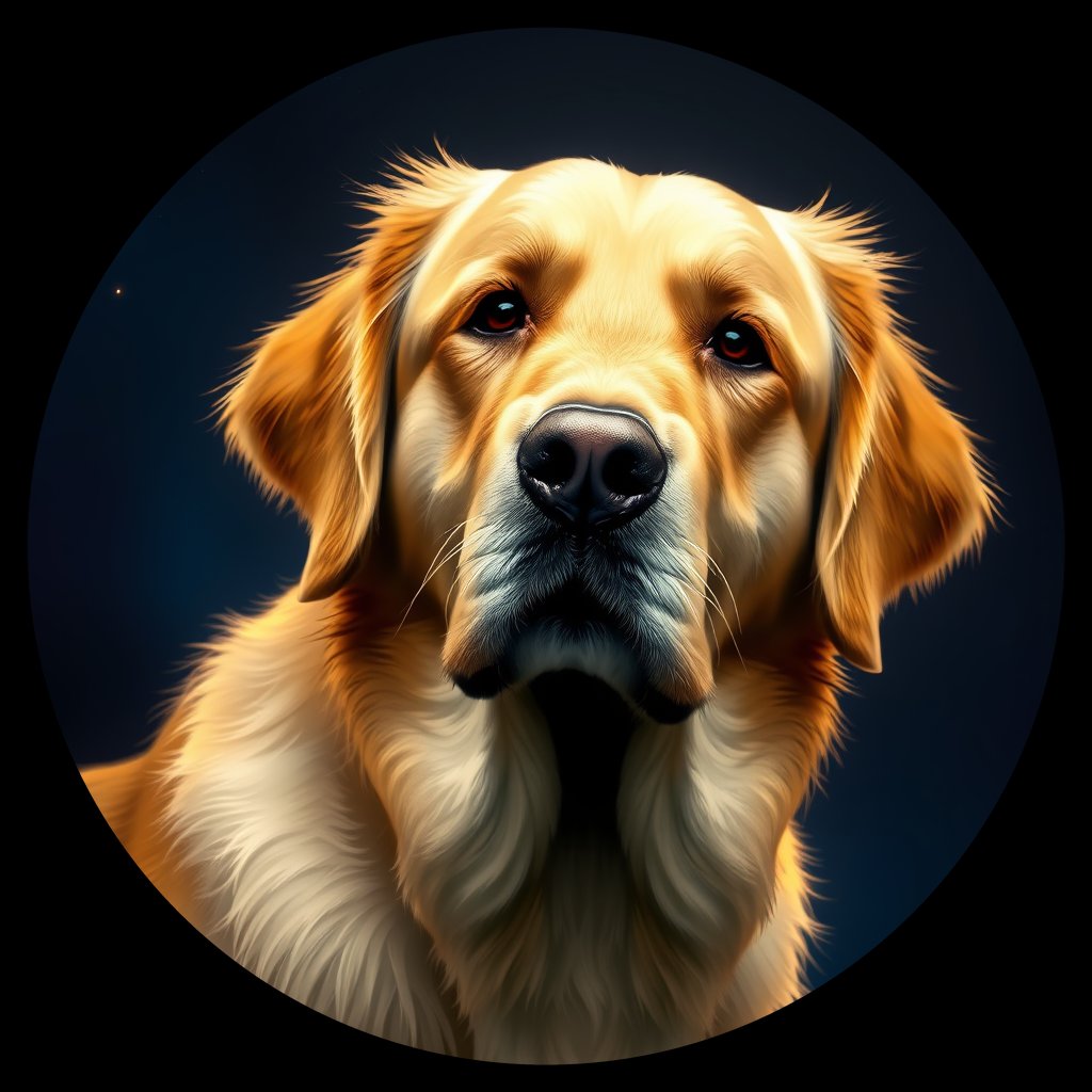 Cosmic medallion portrait of GRLS_grlsWXSJR1NN, a Golden Retriever