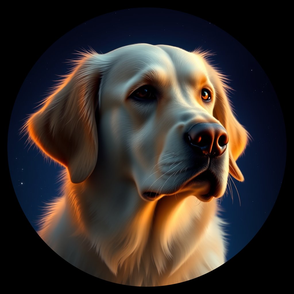 Cosmic medallion portrait of GRLS_grlsWYYDW7TT, a Golden Retriever
