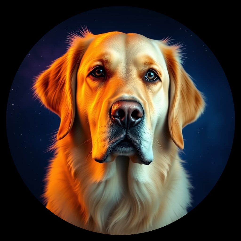 Cosmic medallion portrait of GRLS_grlsX277Y1GG, a Golden Retriever