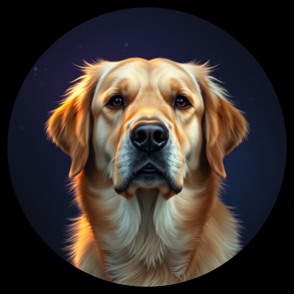 Cosmic medallion portrait of GRLS_grlsX2EOMOLL, a Golden Retriever