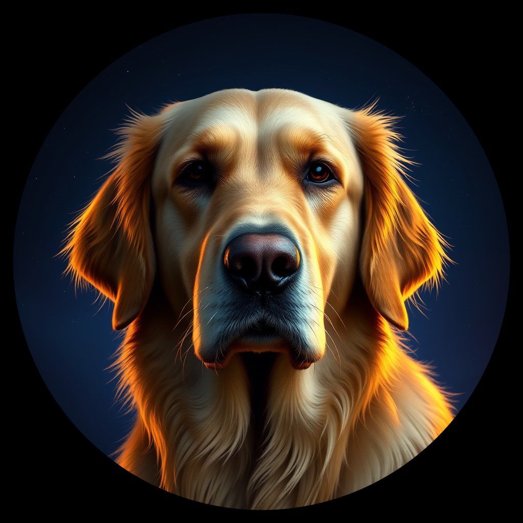 Cosmic medallion portrait of GRLS_grlsX3RHMZXX, a Golden Retriever