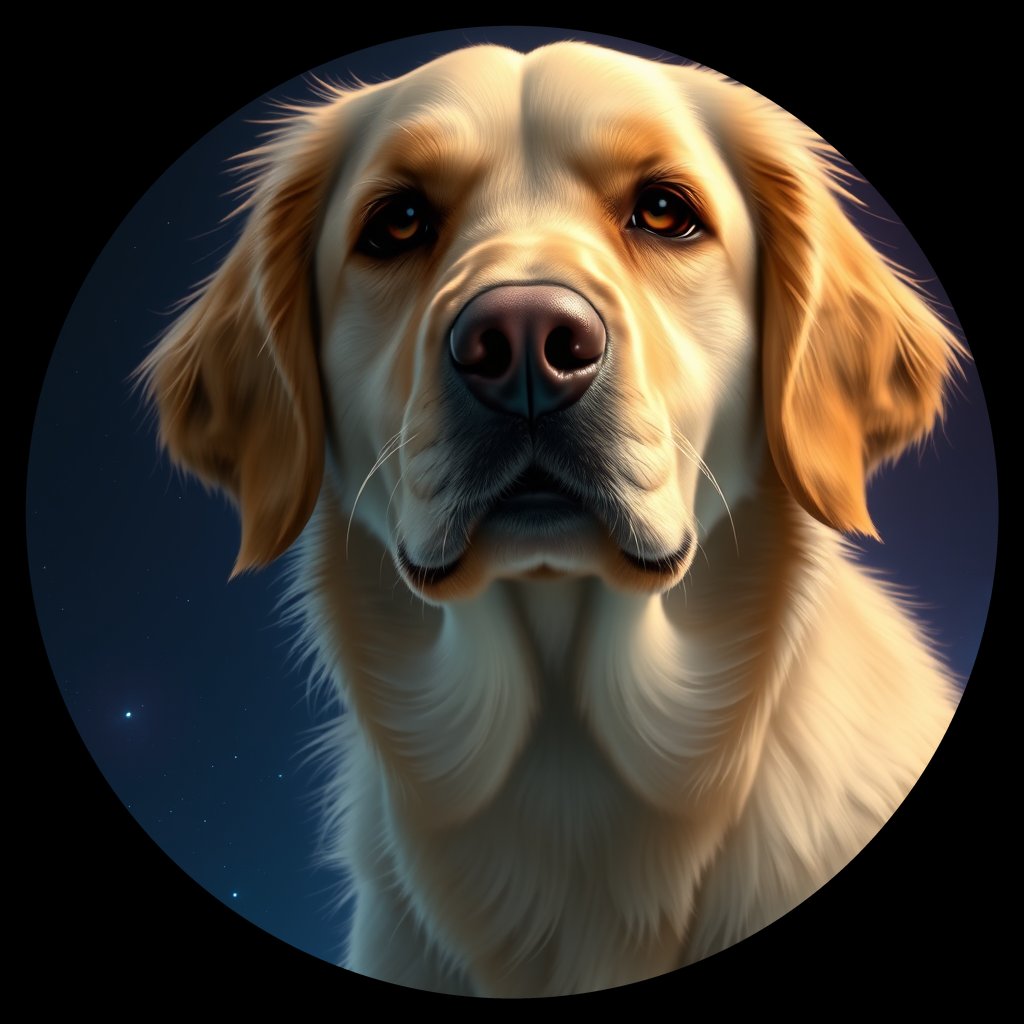 Cosmic medallion portrait of GRLS_grlsX43SU0UU, a Golden Retriever