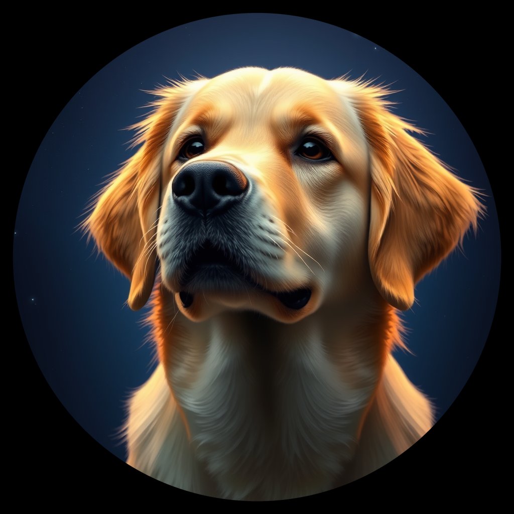 Cosmic medallion portrait of GRLS_grlsX5T7YYPP, a Golden Retriever
