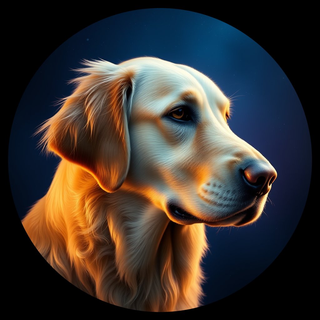 Cosmic medallion portrait of GRLS_grlsXA0BK733, a Golden Retriever