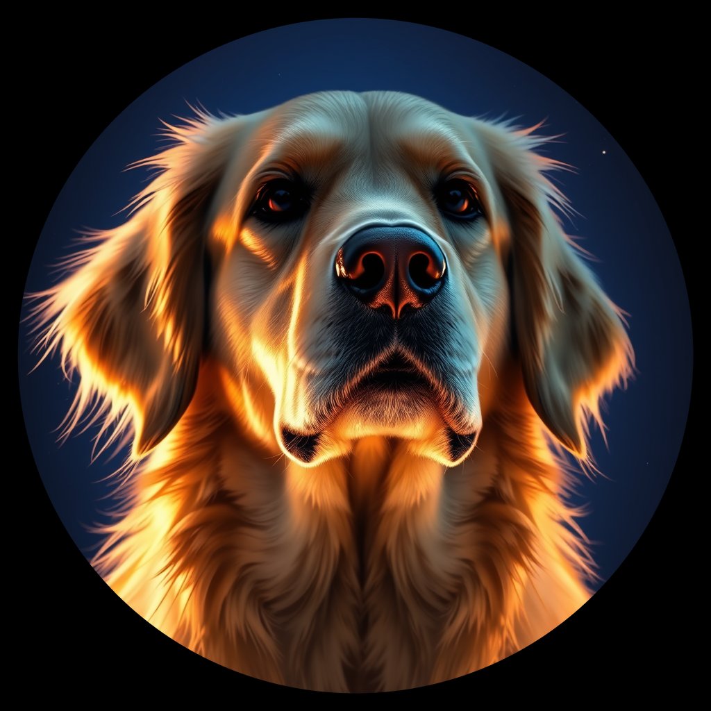 Cosmic medallion portrait of GRLS_grlsXALOSOZZ, a Golden Retriever