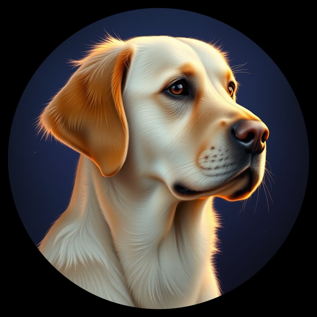 Cosmic medallion portrait of GRLS_grlsXATQKQLL, a Golden Retriever