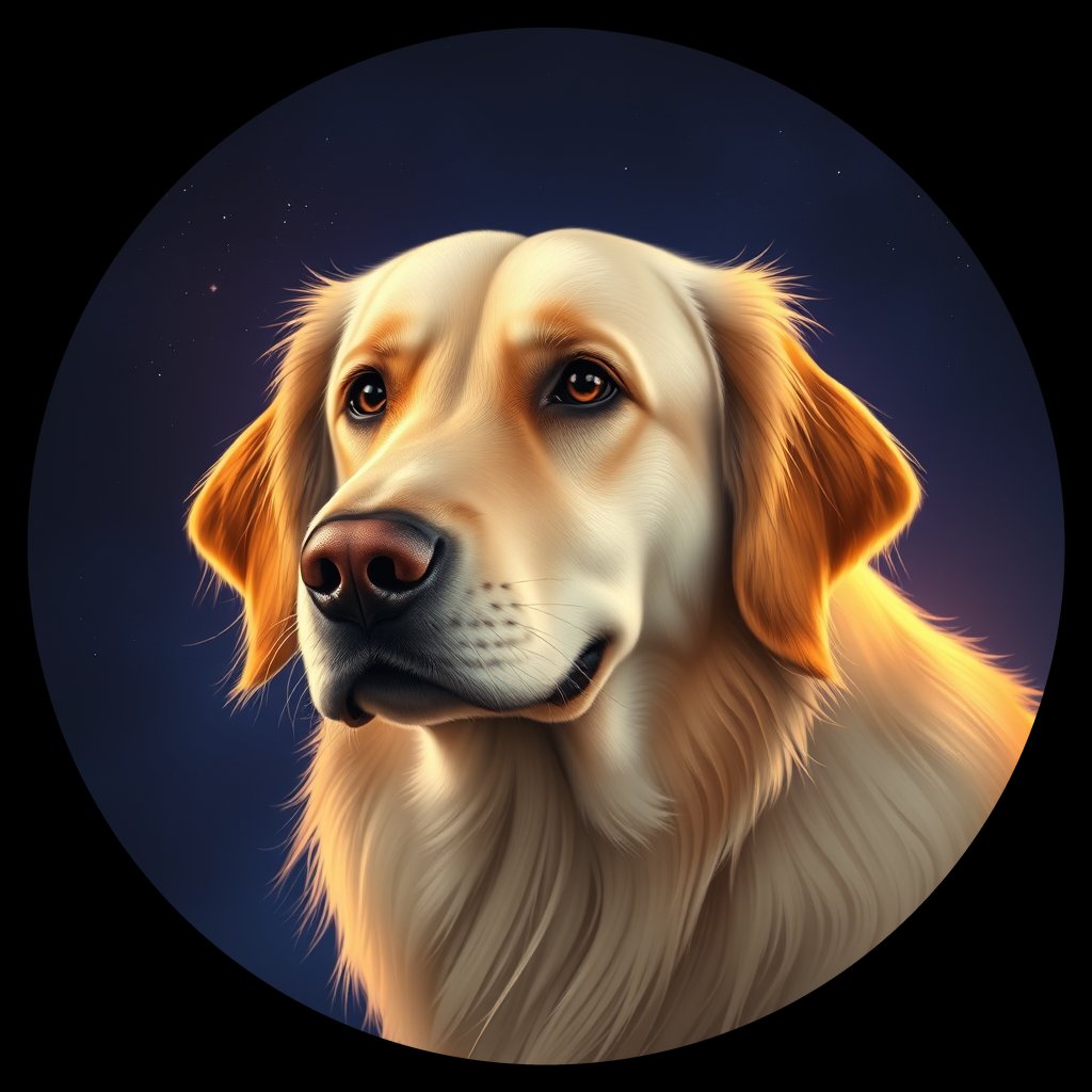 Cosmic medallion portrait of GRLS_grlsXBF62NFF, a Golden Retriever