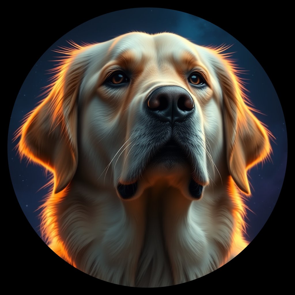 Cosmic medallion portrait of GRLS_grlsXBU9GTT, a Golden Retriever