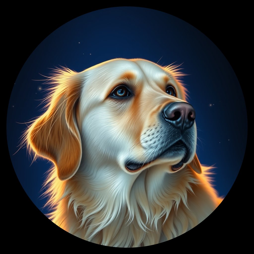 Cosmic medallion portrait of GRLS_grlsXC3VFX77, a Golden Retriever