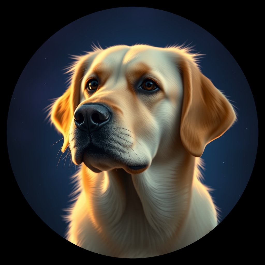 Cosmic medallion portrait of GRLS_grlsXCUGNPXX, a Golden Retriever