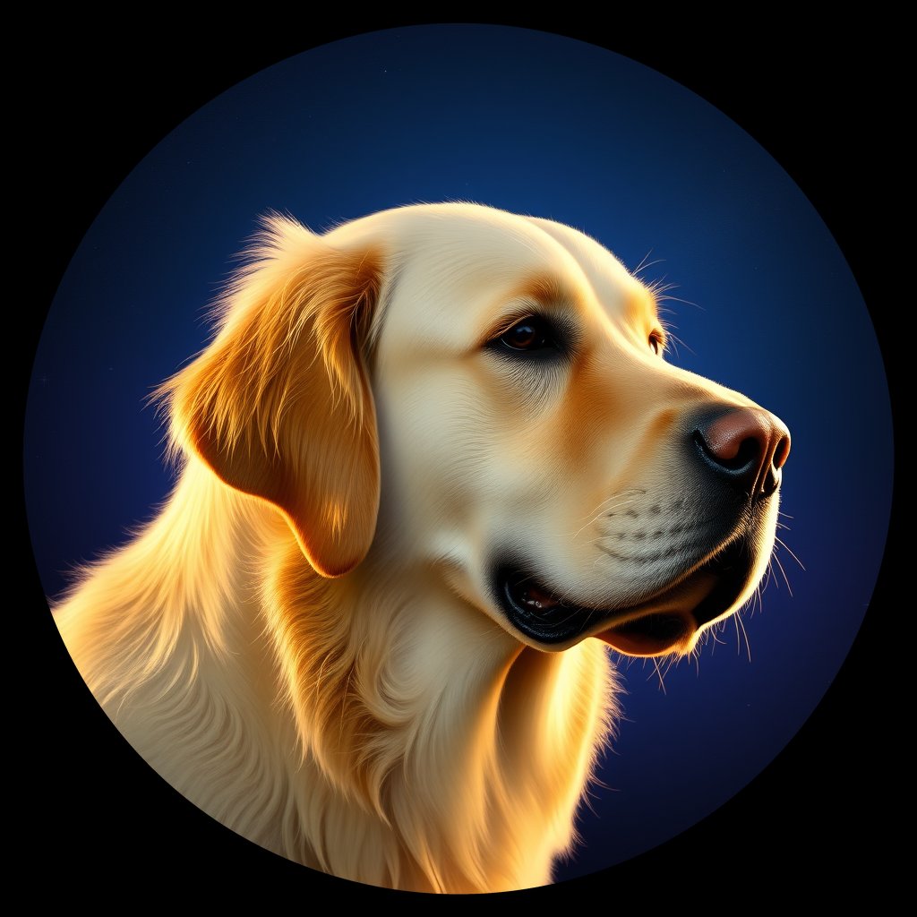 Cosmic medallion portrait of GRLS_grlsXGDRUCVV, a Golden Retriever