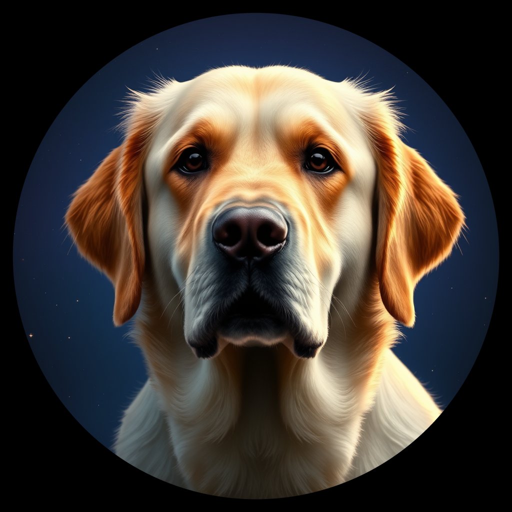 Cosmic medallion portrait of GRLS_grlsXGGLTFZZ, a Golden Retriever