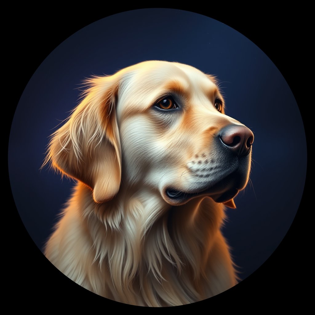 Cosmic medallion portrait of GRLS_grlsXI10FQTT, a Golden Retriever