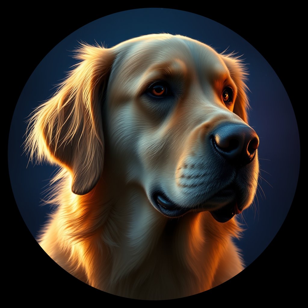 Cosmic medallion portrait of GRLS_grlsXINS7GTT, a Golden Retriever