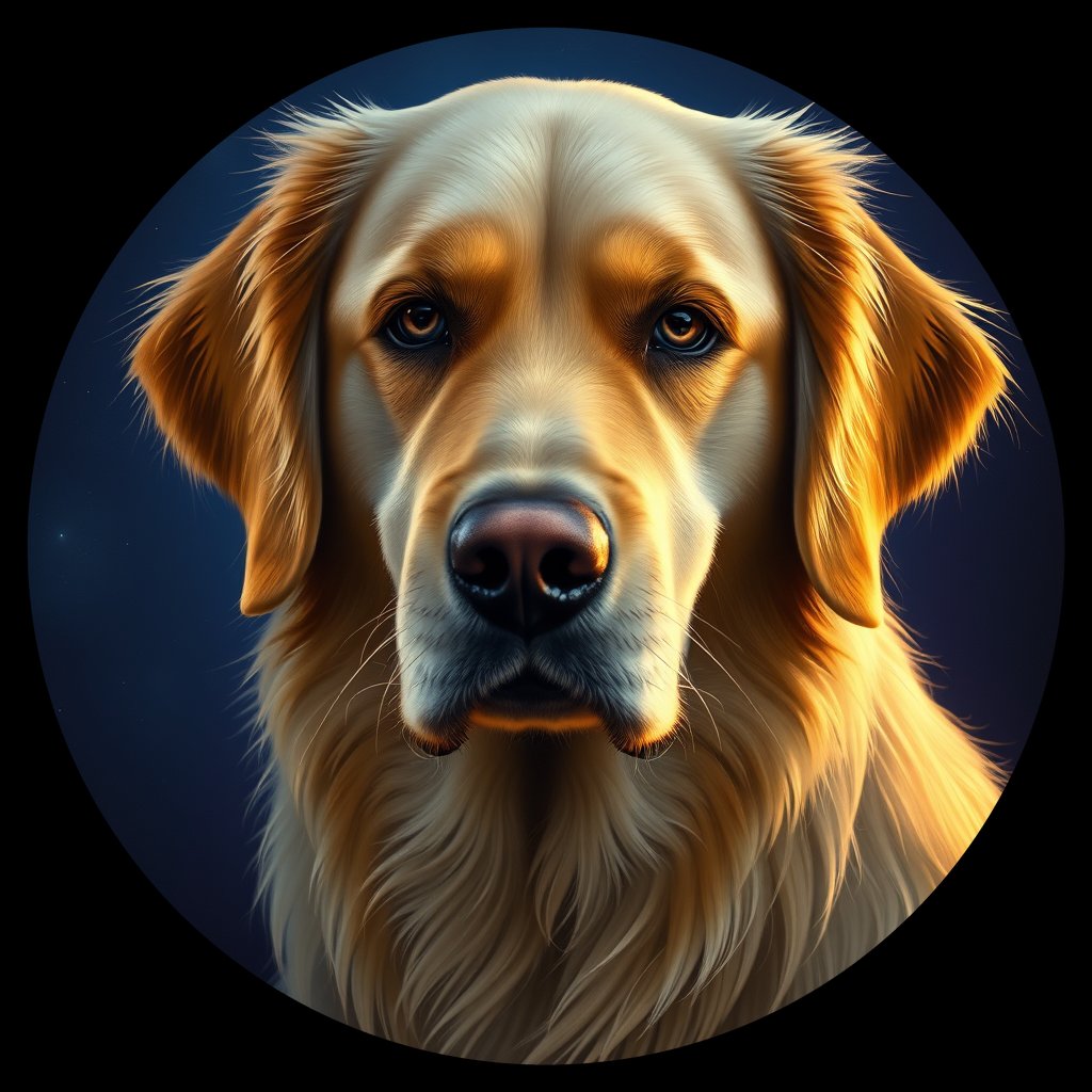 Cosmic medallion portrait of GRLS_grlsXIZKQHH, a Golden Retriever
