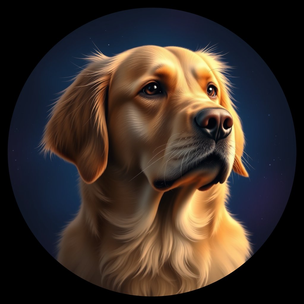 Cosmic medallion portrait of GRLS_grlsXLFH9I11, a Golden Retriever