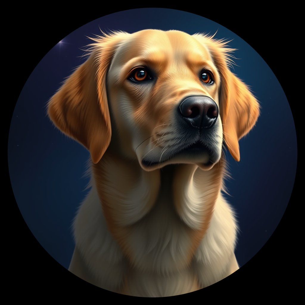 Cosmic medallion portrait of GRLS_grlsXO96NGG, a Golden Retriever