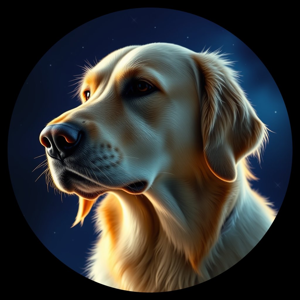 Cosmic medallion portrait of GRLS_grlsXPJ449HH, a Golden Retriever