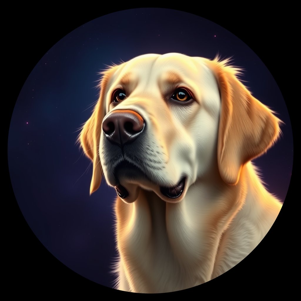 Cosmic medallion portrait of GRLS_grlsXPMOLOFF, a Golden Retriever