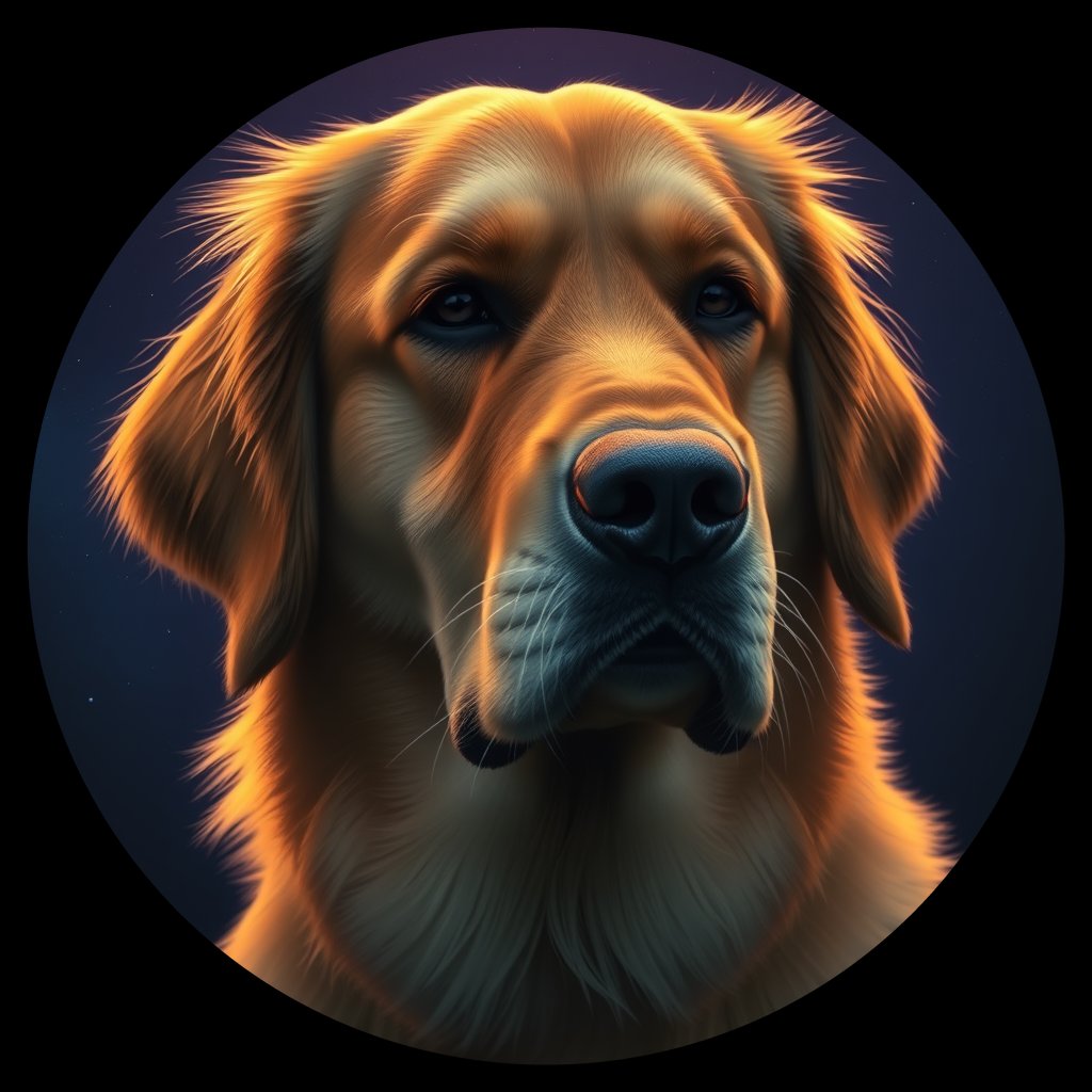 Cosmic medallion portrait of GRLS_grlsXRNLTNMM, a Golden Retriever