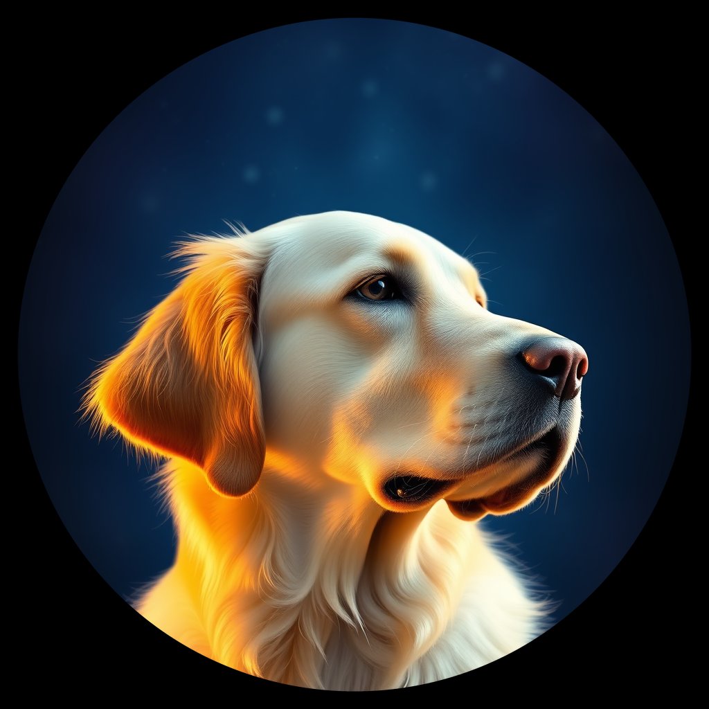 Cosmic medallion portrait of GRLS_grlsXRY0POWW, a Golden Retriever