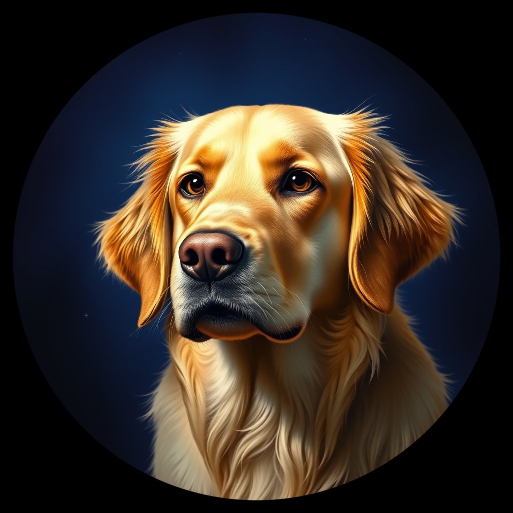 Cosmic medallion portrait of GRLS_grlsXSQE6EUU, a Golden Retriever