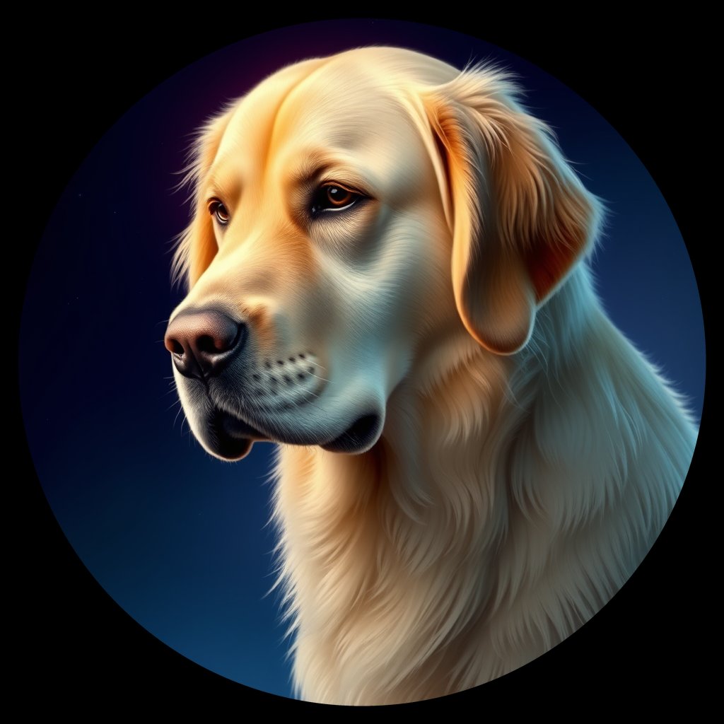 Cosmic medallion portrait of GRLS_grlsXXBOLUJJ, a Golden Retriever