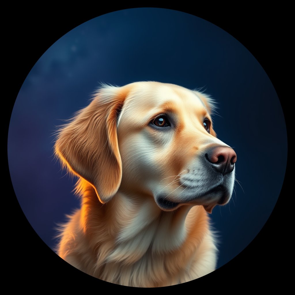 Cosmic medallion portrait of GRLS_grlsY17QWFEE, a Golden Retriever