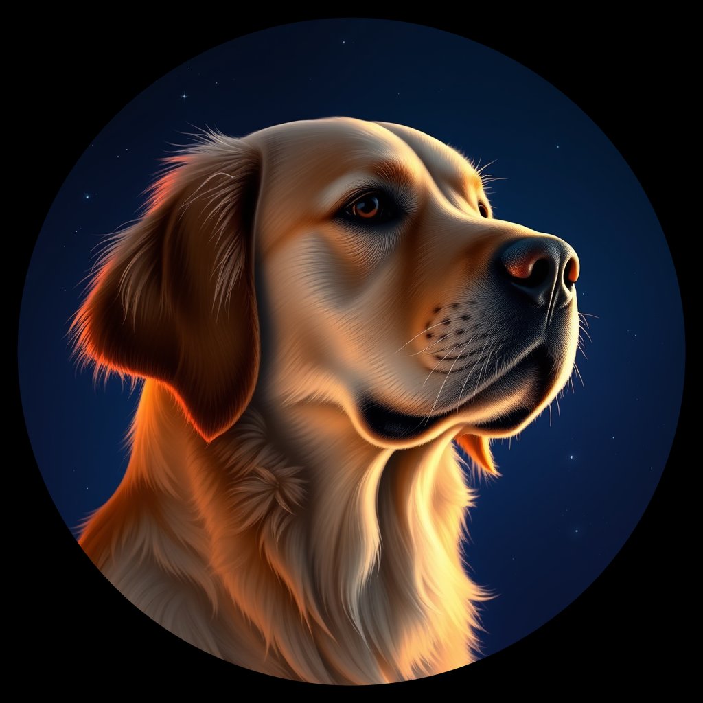 Cosmic medallion portrait of GRLS_grlsY2GT5BXX, a Golden Retriever