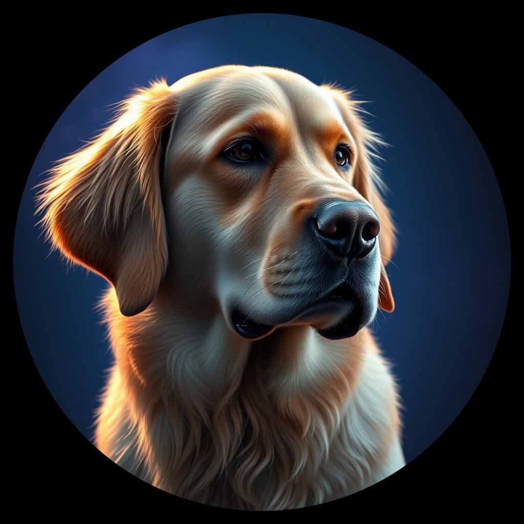 Cosmic medallion portrait of GRLS_grlsY5JZXLGG, a Golden Retriever