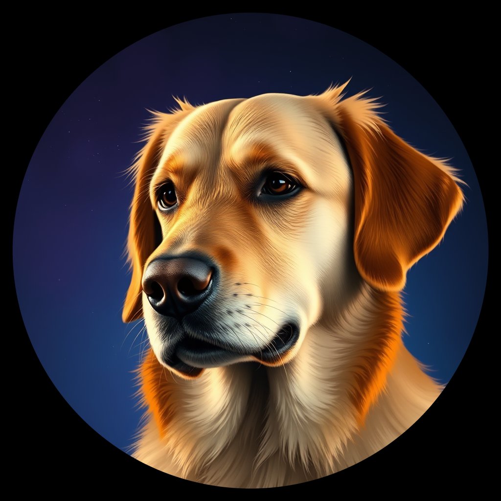 Cosmic medallion portrait of GRLS_grlsY9W8X1SS, a Golden Retriever