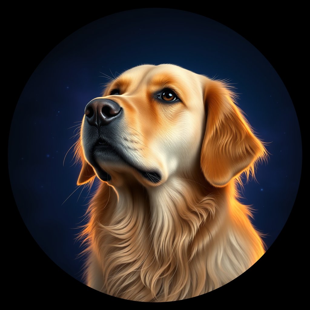 Cosmic medallion portrait of GRLS_grlsYBRSB577, a Golden Retriever