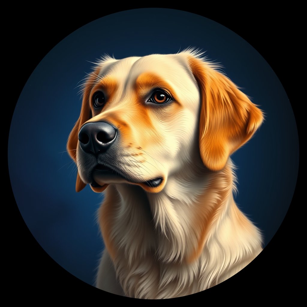 Cosmic medallion portrait of GRLS_grlsYCK8D500, a Golden Retriever
