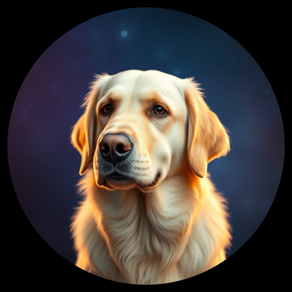 Cosmic medallion portrait of GRLS_grlsYDM9DD, a Golden Retriever