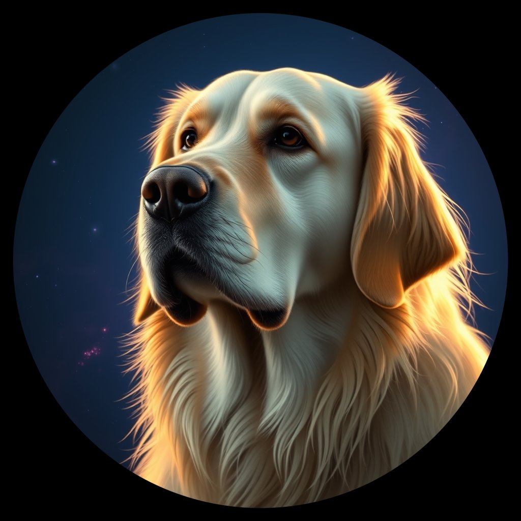 Cosmic medallion portrait of GRLS_grlsYK03EZPP, a Golden Retriever
