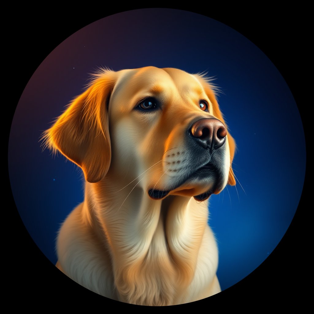 Cosmic medallion portrait of GRLS_grlsYLUNOS33, a Golden Retriever