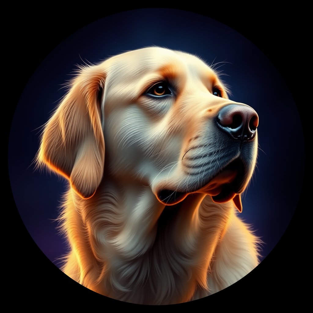 Cosmic medallion portrait of GRLS_grlsYMC2WERR, a Golden Retriever
