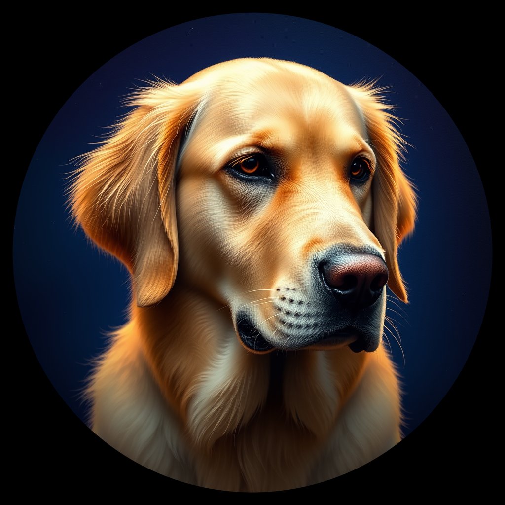 Cosmic medallion portrait of GRLS_grlsYNELU2LL, a Golden Retriever