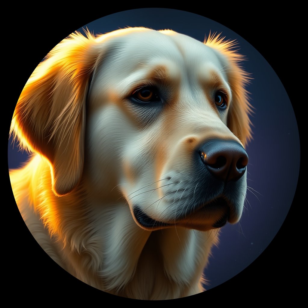 Cosmic medallion portrait of GRLS_grlsYO6LP033, a Golden Retriever