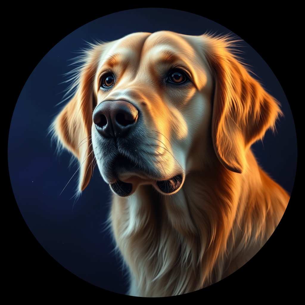 Cosmic medallion portrait of GRLS_grlsYP33CG88, a Golden Retriever