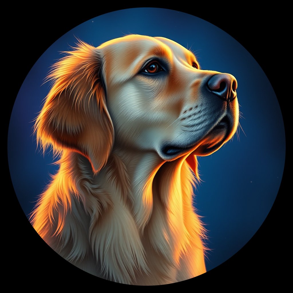 Cosmic medallion portrait of GRLS_grlsYSE2T1LL, a Golden Retriever