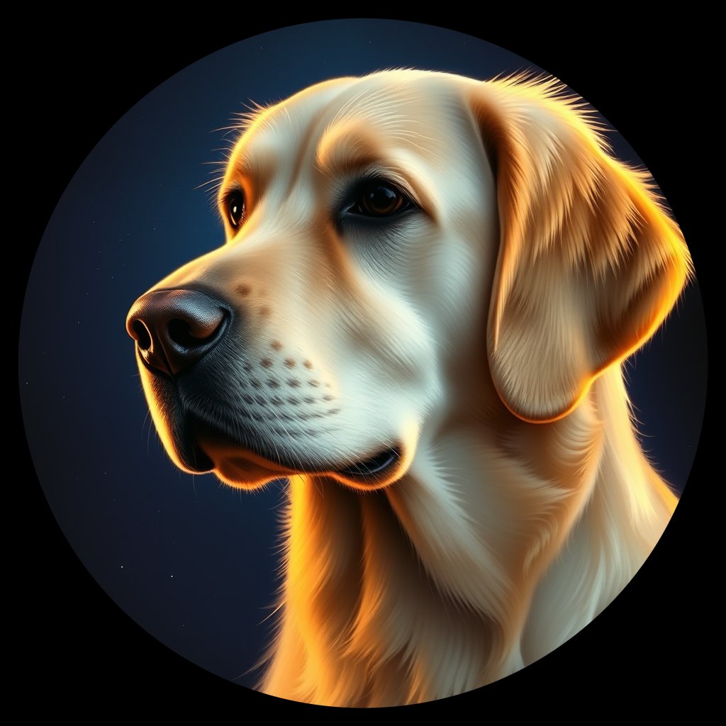 Cosmic medallion portrait of GRLS_grlsYTFYREXX, a Golden Retriever