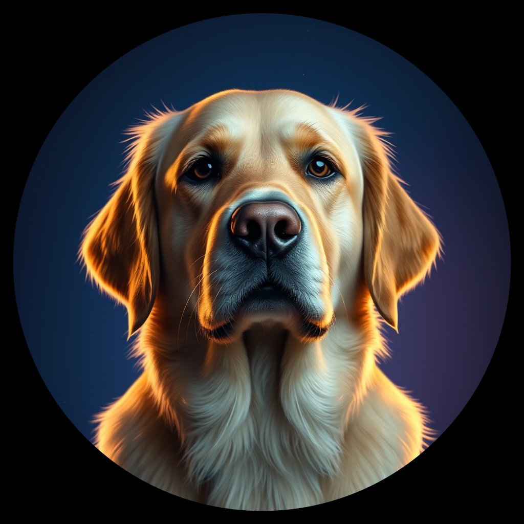 Cosmic medallion portrait of GRLS_grlsYTYPTSQQ, a Golden Retriever
