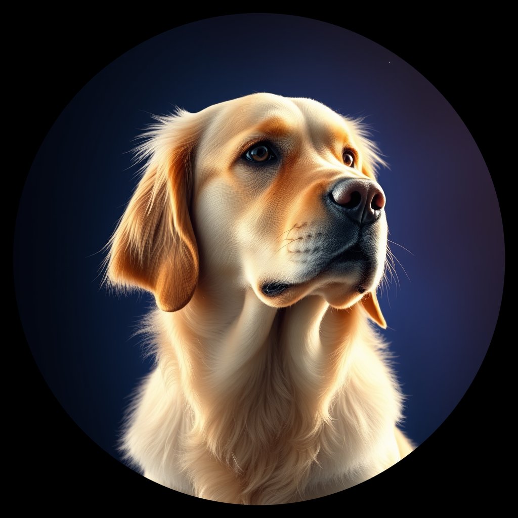 Cosmic medallion portrait of GRLS_grlsYZBOJSS, a Golden Retriever