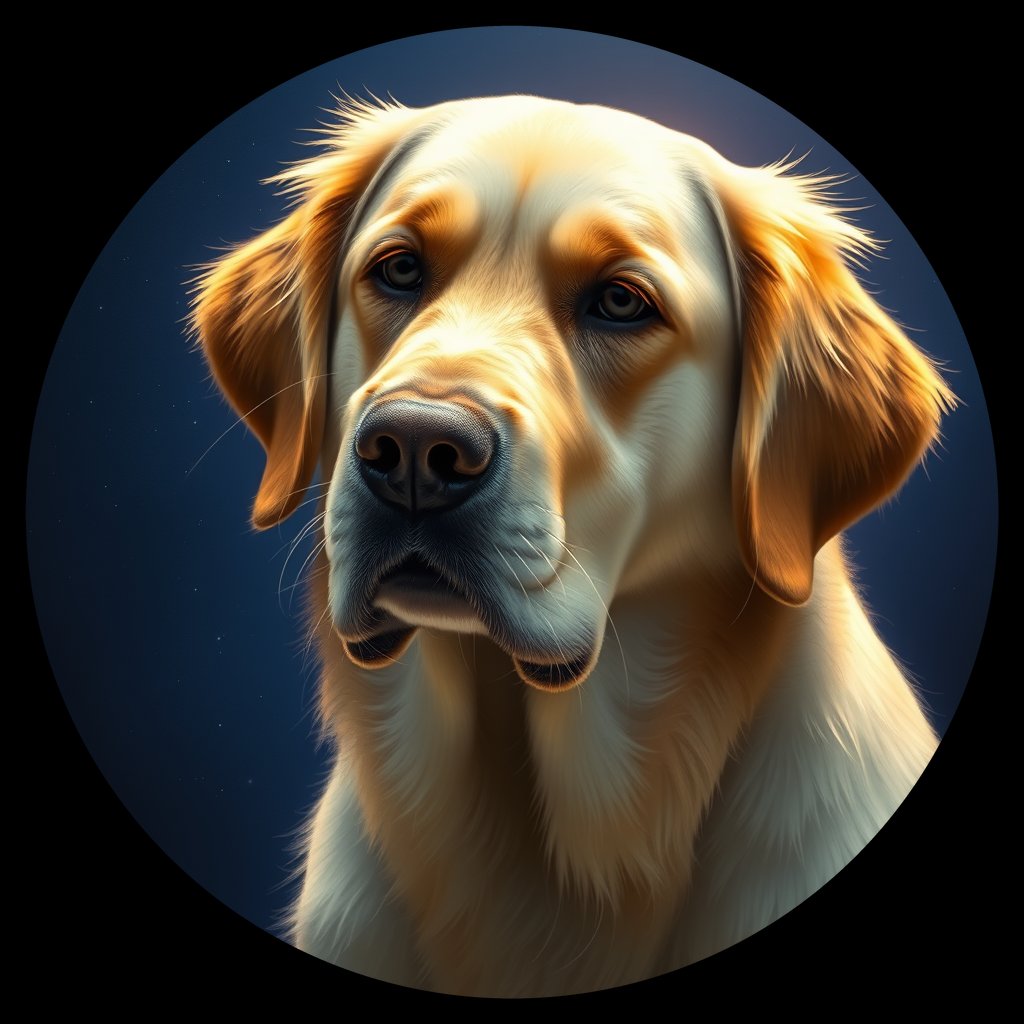 Cosmic medallion portrait of GRLS_grlsZ03WC1OO, a Golden Retriever
