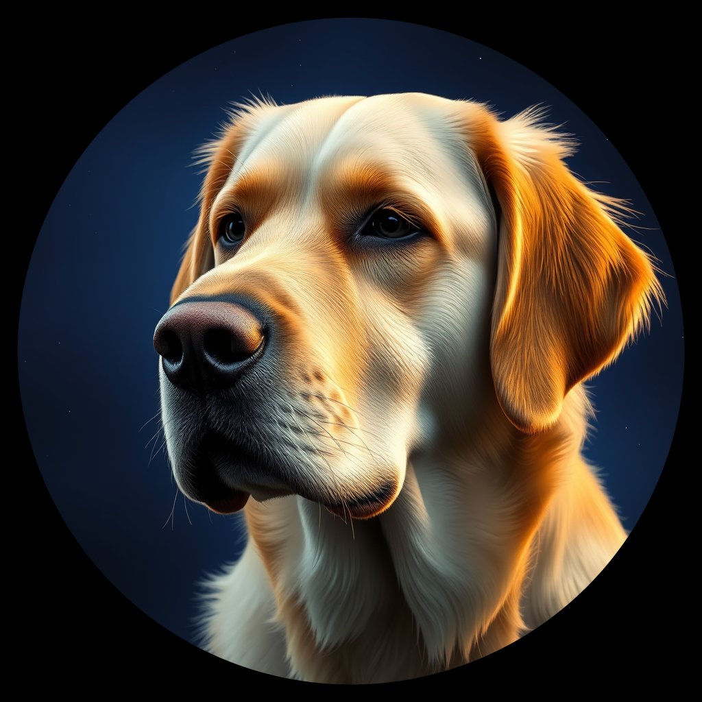 Cosmic medallion portrait of GRLS_grlsZ4E4WDRR, a Golden Retriever