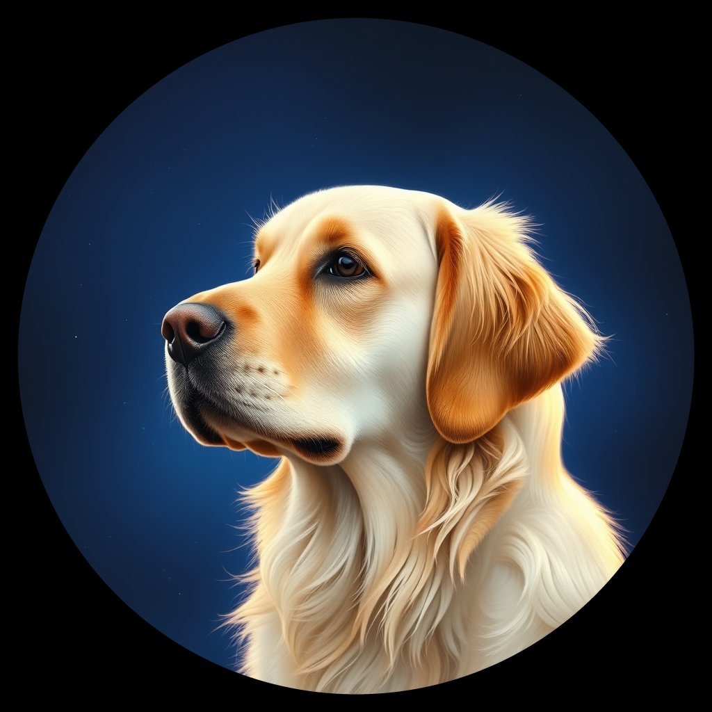 Cosmic medallion portrait of GRLS_grlsZ6K1S5NN, a Golden Retriever