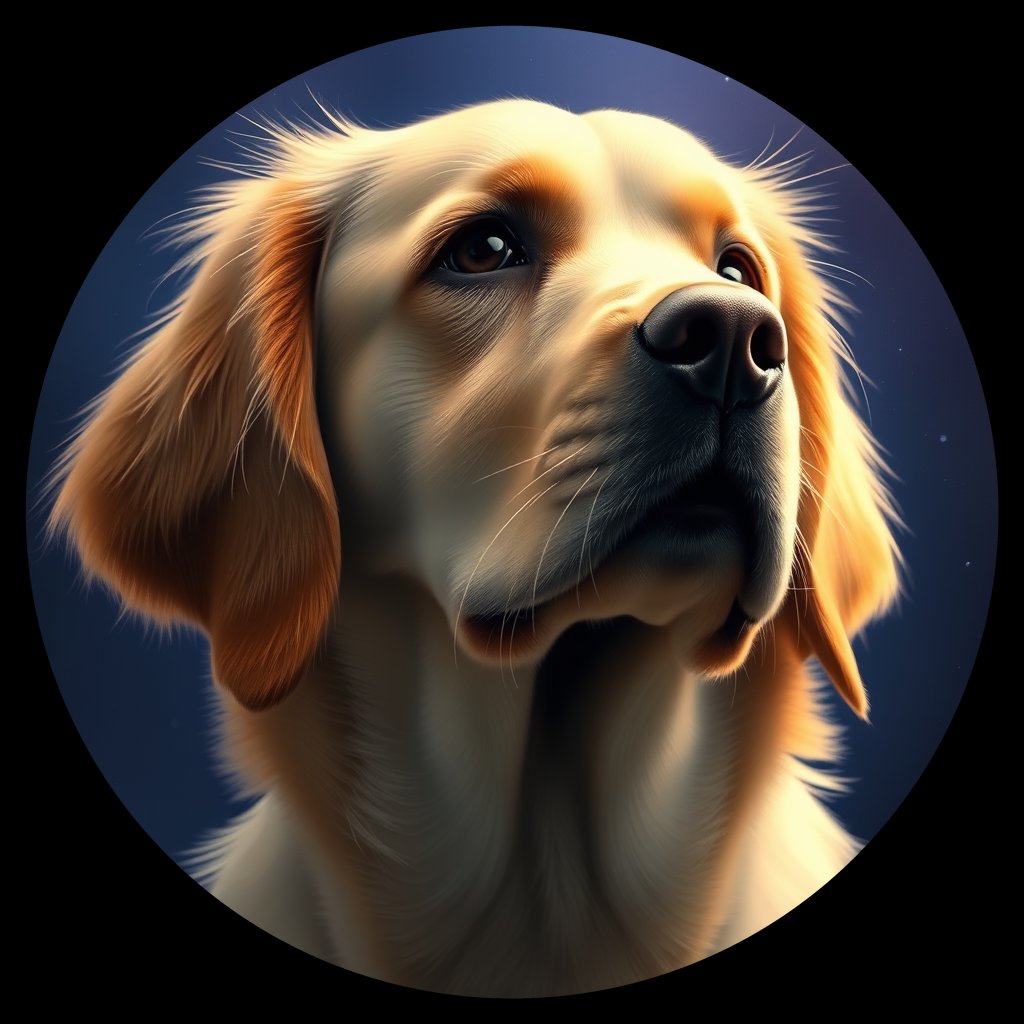 Cosmic medallion portrait of GRLS_grlsZ7H6S6CC, a Golden Retriever