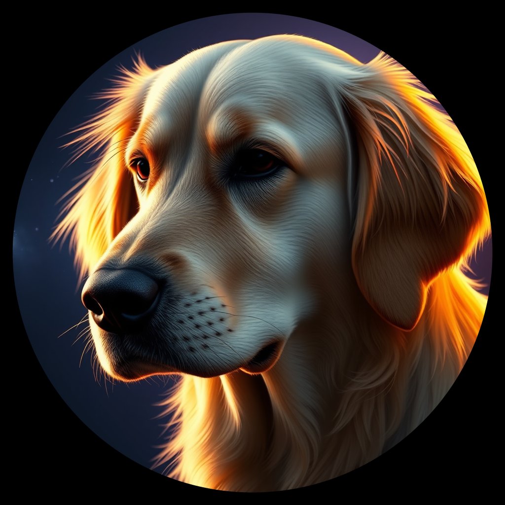 Cosmic medallion portrait of GRLS_grlsZA4J55FF, a Golden Retriever